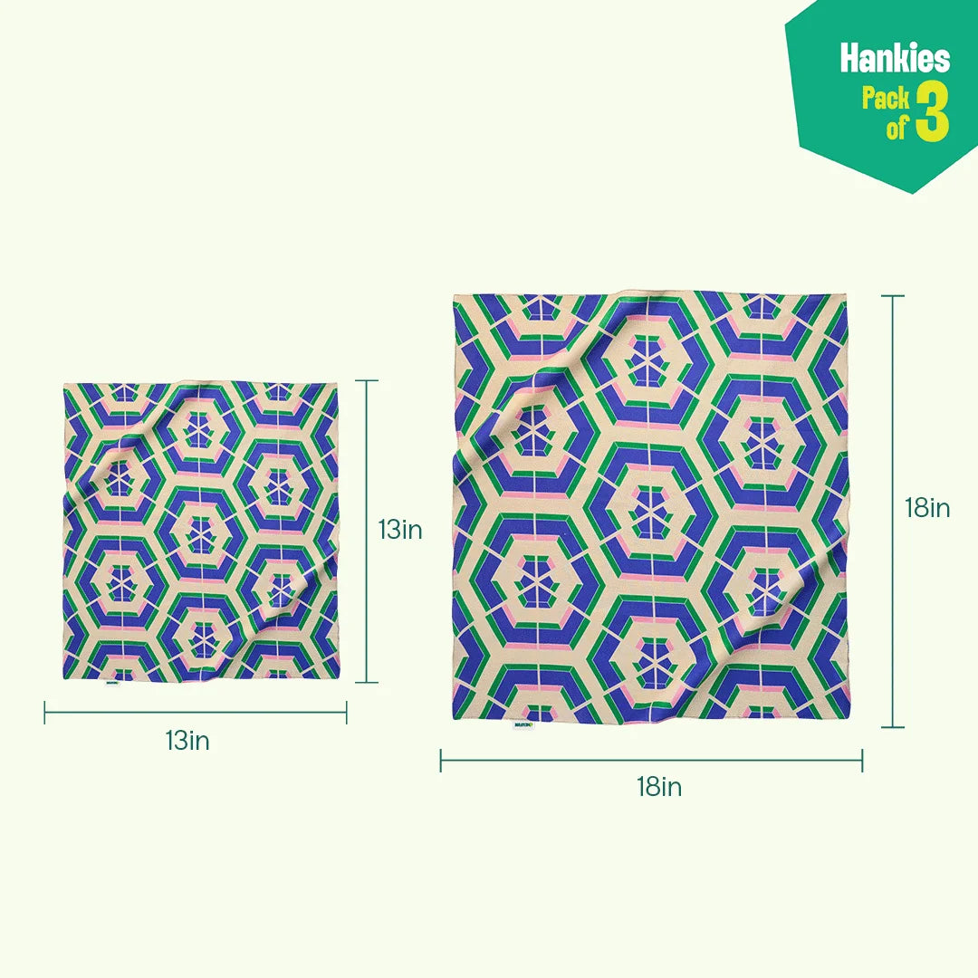 Mosaic Motion! Unisex Hankies, 100% Organic Cotton, Pack of 3