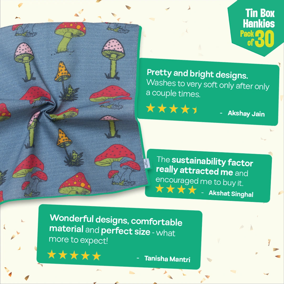EOD! Elephant Of The Day! Tin Gift Box, Unisex Hankies, 100% Organic Cotton, Box Of 30