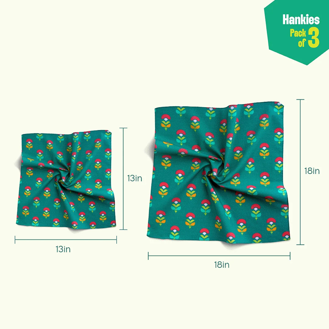 F&F! Flora & Fauna! Unisex Hankies, 100% Organic Cotton, Pack of 3