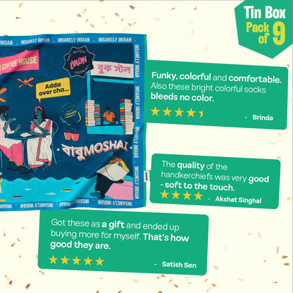 Next Level Bhalo! Tin Gift Box, 6 Hankies + 3 Socks, 100% Organic Cotton, Box of 9