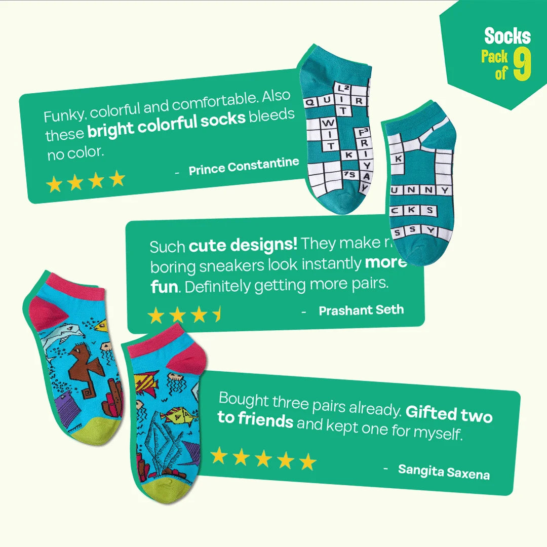 Strike A Pose! Unisex Socks, 100% Bamboo, Ankle Length, Pack of 9