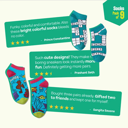 Strike A Pose! Unisex Socks, 100% Bamboo, Ankle Length, Pack of 9