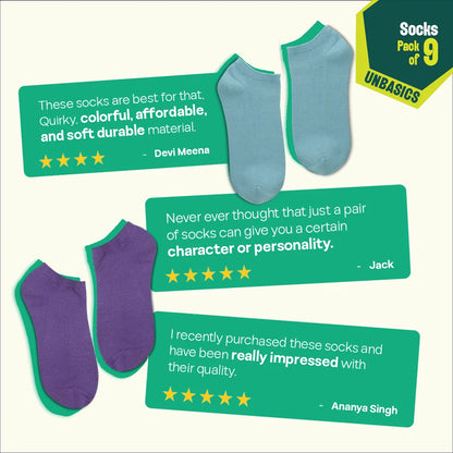 Bold Expression! Unisex Socks, 100% Organic Cotton, Ankle Length, Pack of 9