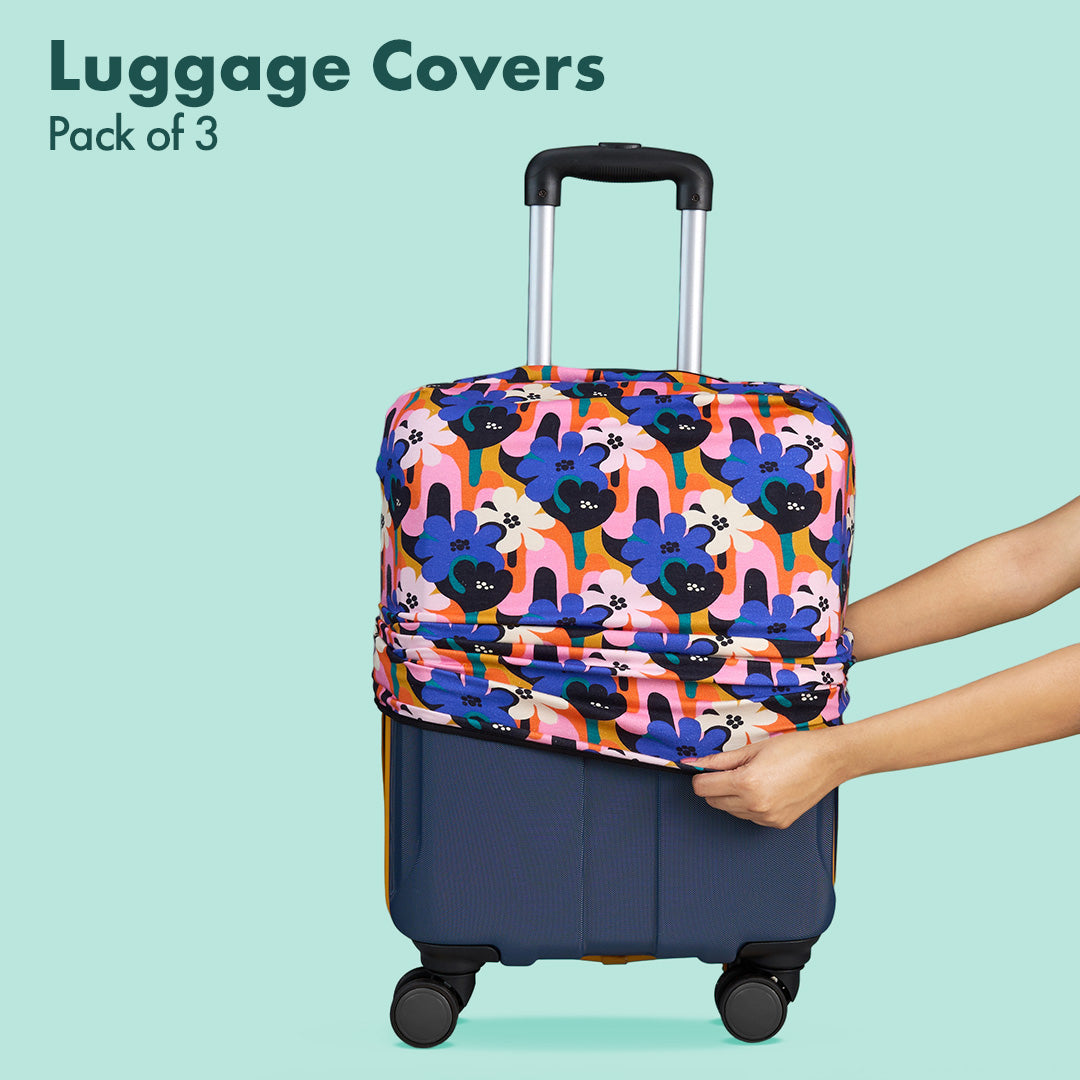 Abstract Affair! Luggage Covers With Detachable Pouch, 100% Organic Cotton Lycra, Small+Medium+Large Sizes, Pack of 3