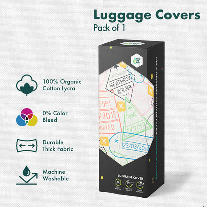 Stamp-ed! Luggage Cover With Detachable Pouch, 100% Organic Cotton Lycra, Medium Size, Pack of 1