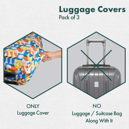 Geometric Vibes! Luggage Covers With Detachable Pouch, 100% Organic Cotton Lycra, Small+Medium+Large Sizes, Pack of 3