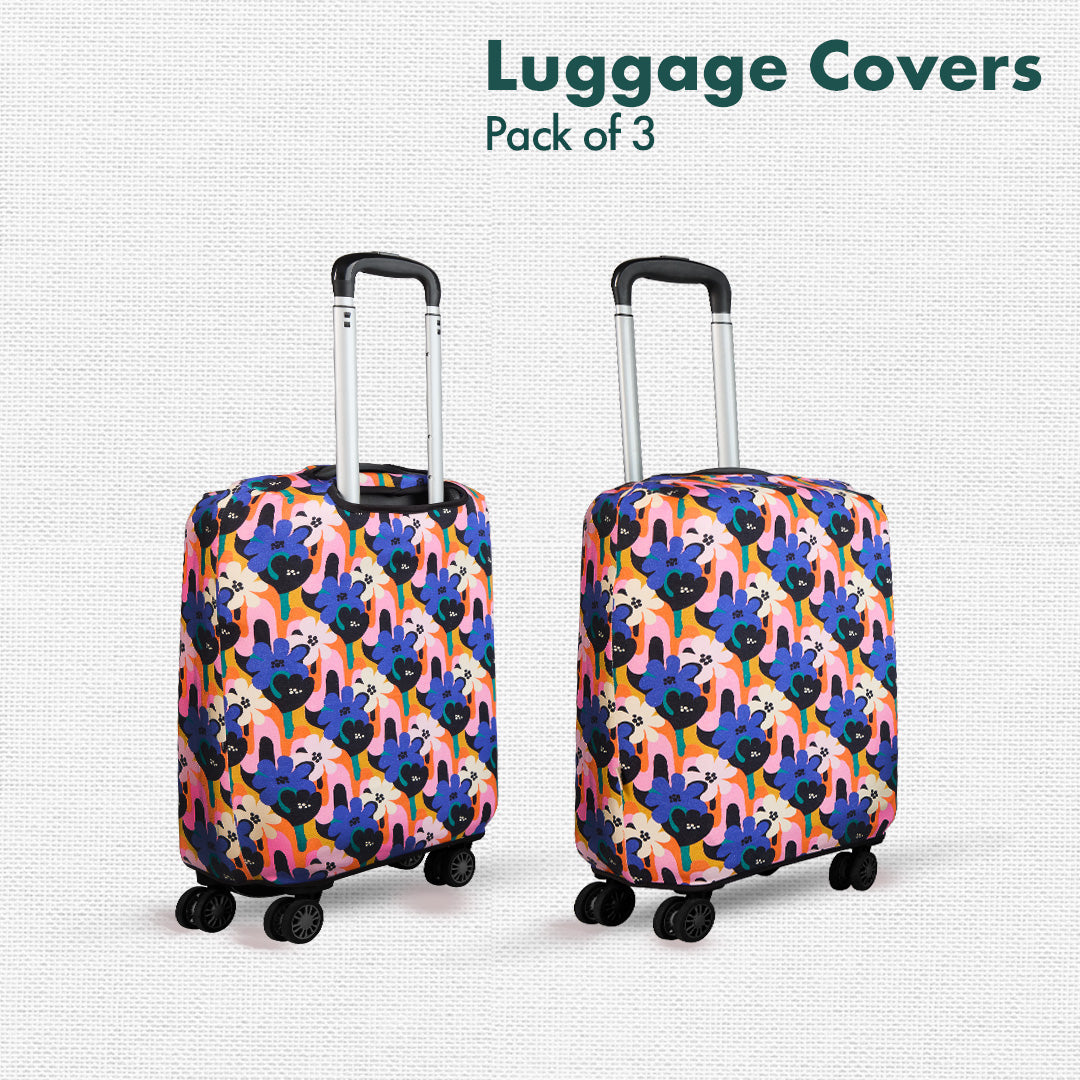 Abstract Affair! Luggage Covers With Detachable Pouch, 100% Organic Cotton Lycra, Small+Medium+Large Sizes, Pack of 3