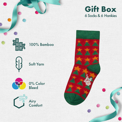 Xmas Stamps! 6 Unisex Kid's Socks + 6 Unisex Kid's Hankies, 100% Sustainable, Gift Box of 12