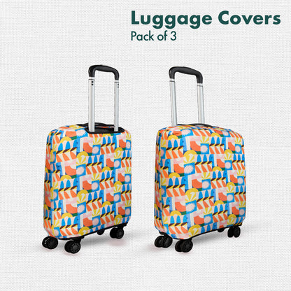 Geometric Vibes! Luggage Covers With Detachable Pouch, 100% Organic Cotton Lycra, Small+Medium+Large Sizes, Pack of 3