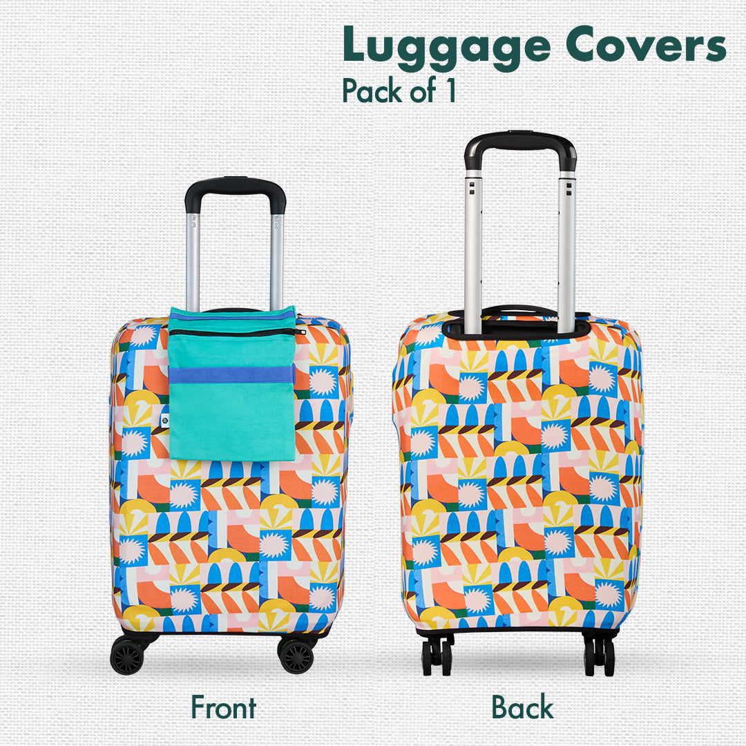 Geometric Vibes! Luggage Cover With Detachable Pouch, 100% Organic Cotton Lycra, Small Size, Pack of 1