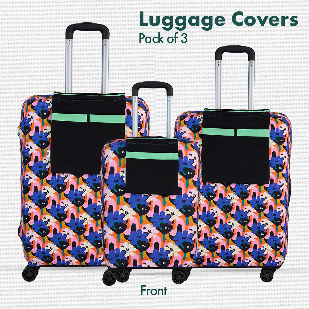 Abstract Affair! Luggage Covers With Detachable Pouch, 100% Organic Cotton Lycra, Small+Medium+Large Sizes, Pack of 3