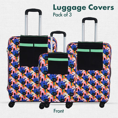 Abstract Affair! Luggage Covers With Detachable Pouch, 100% Organic Cotton Lycra, Small+Medium+Large Sizes, Pack of 3