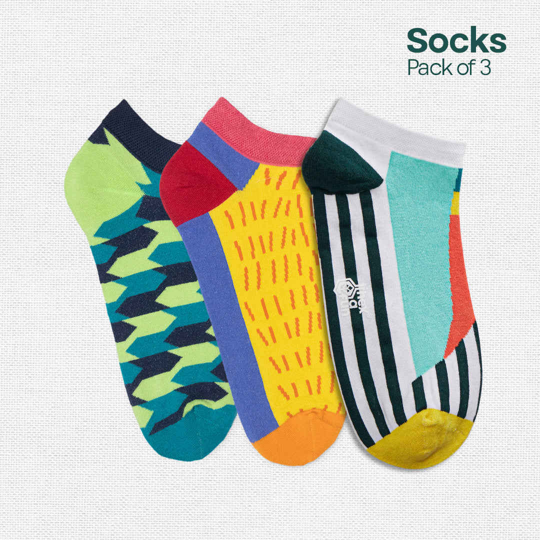 Geometri-fication Series 2! Unisex Socks, 100% Organic Cotton, Ankle Length, Pack of 3