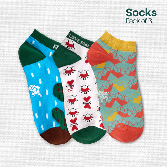 Love Triangle! Unisex Socks, 100% Organic Cotton, Ankle Length, Pack of 3