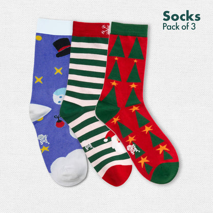 X'mas-Trio! Unisex Socks, 100% Organic Cotton, Crew Length, Pack of 3