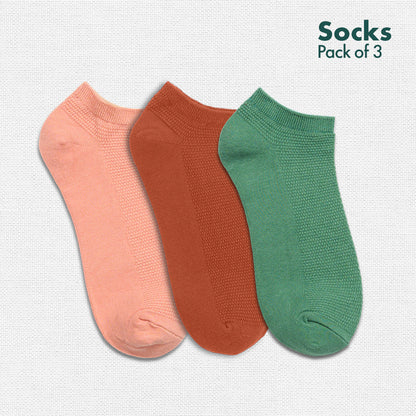 Minty Peach! Unisex Socks, 100% Organic Cotton, Ankle Length, Pack of 3