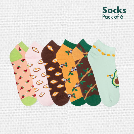 Foodgasm Series 1! + Animalholic Series 1! Unisex Socks, 100% Organic Cotton, Ankle Length, Pack of 6