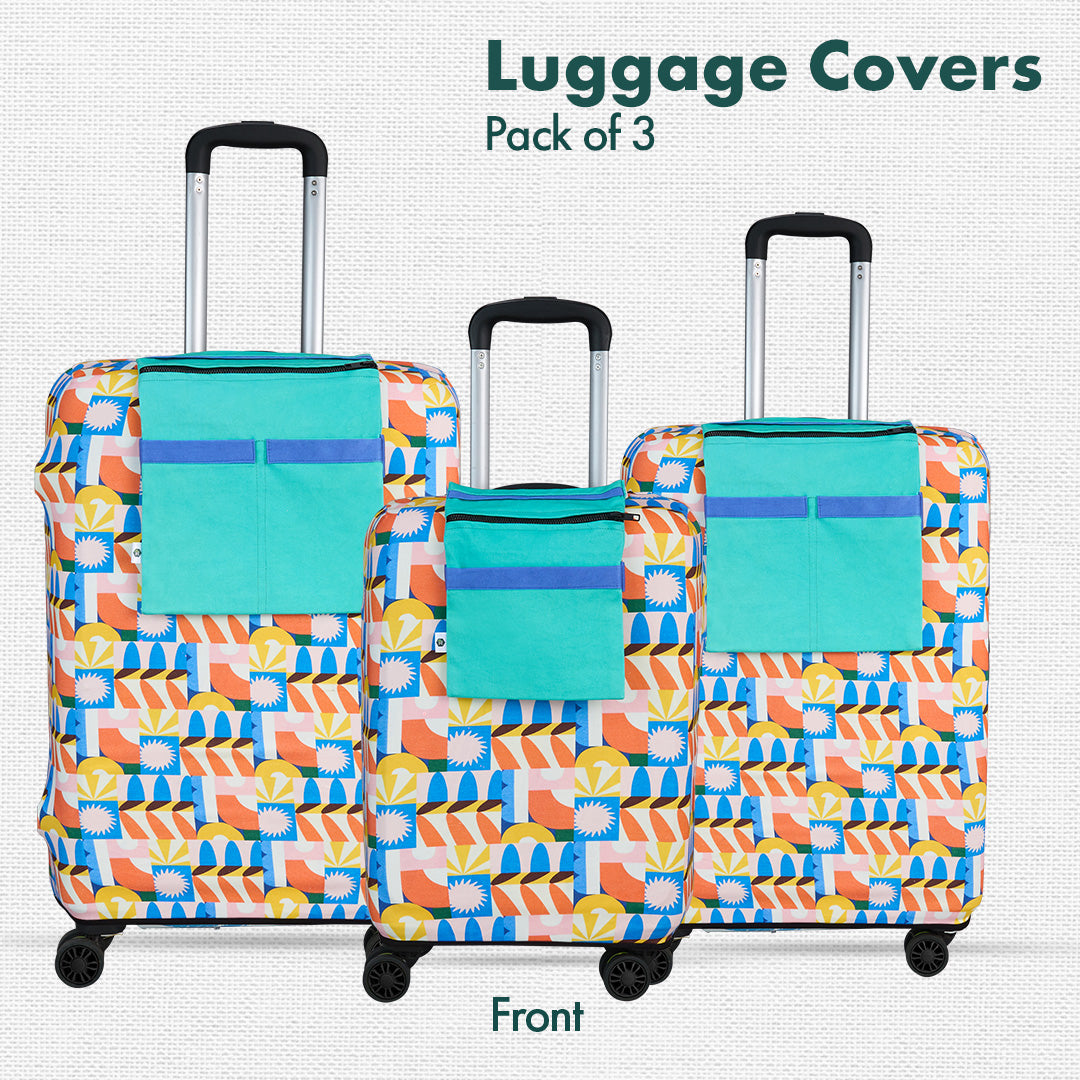 Geometric Vibes! Luggage Covers With Detachable Pouch, 100% Organic Cotton Lycra, Small+Medium+Large Sizes, Pack of 3