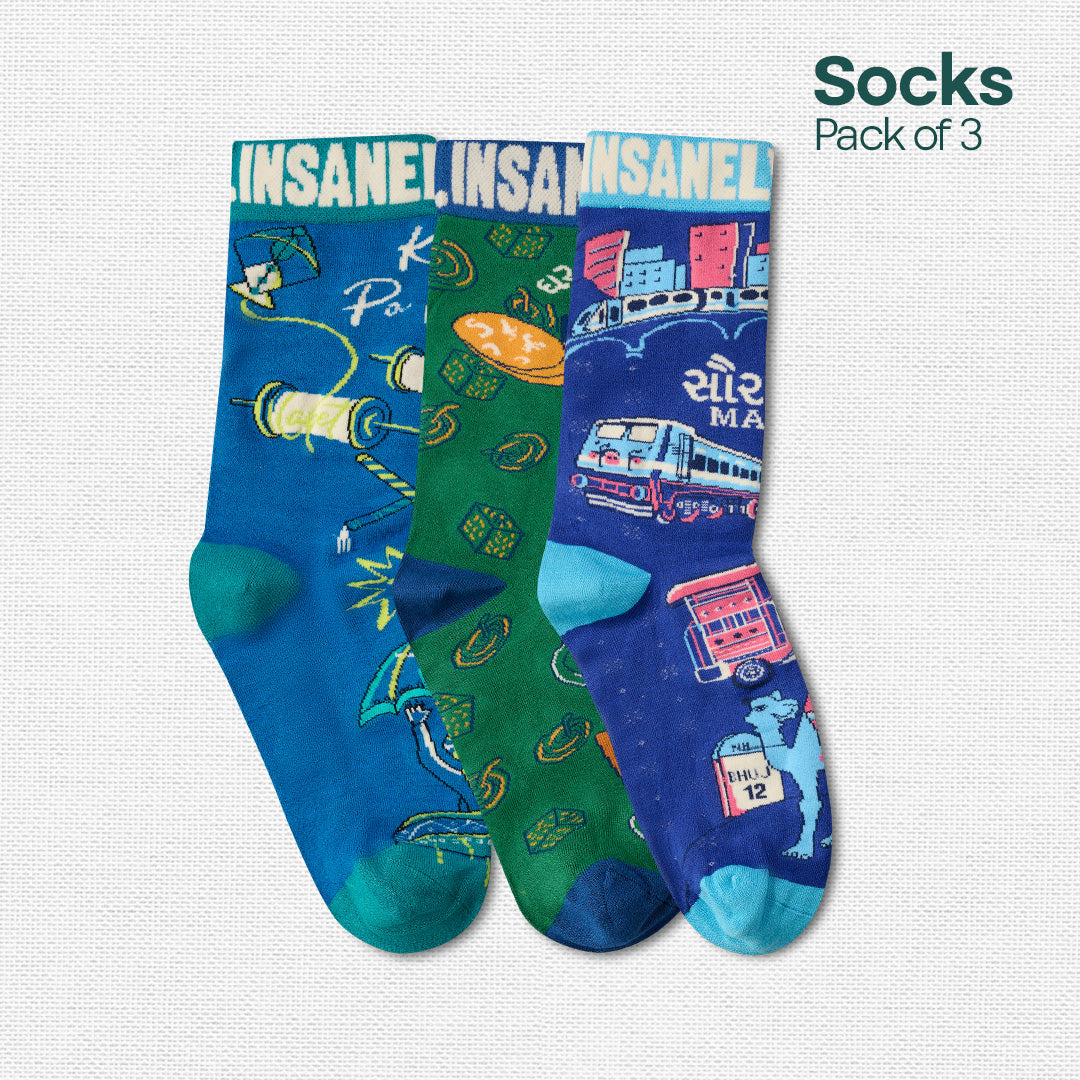 Insanely Gujarat Feets! Unisex Socks, 100% Organic Cotton, Crew Length, Pack of 3
