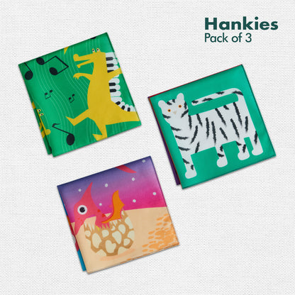 Jungle Safari! Unisex Kid's Hankies, 100% Organic Cotton, Pack of 3