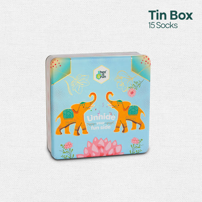 Trunk Call! Tin Gift Box, Unisex Crew Length Socks, 100% Organic Cotton, Box Of 15