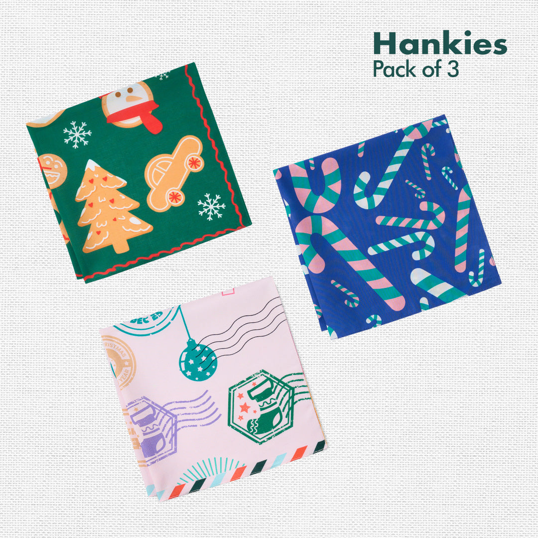 Xmas Vibes! Unisex Hankies, 100% Organic Cotton, Pack of 3
