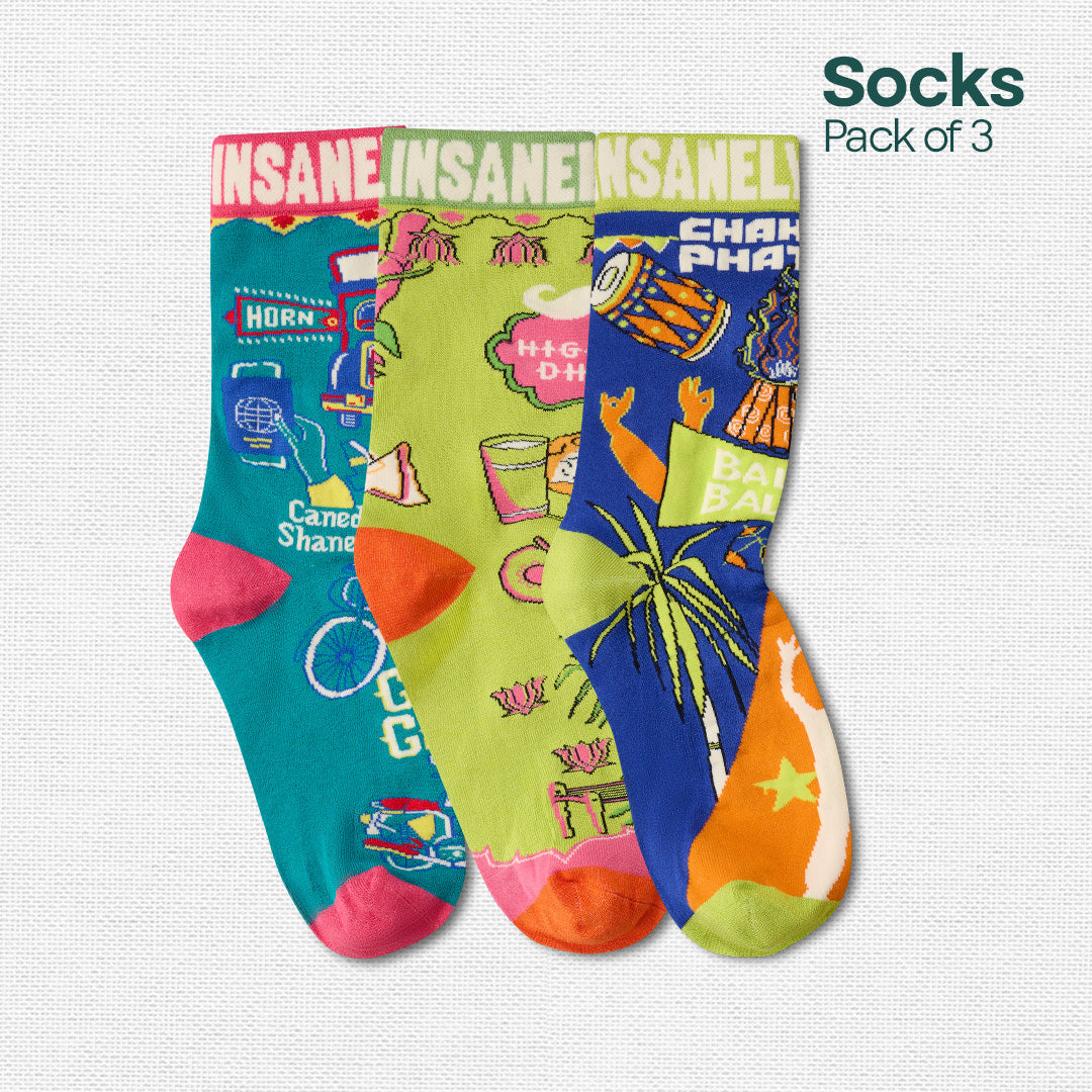 Insanely Punjab Feets! Unisex Socks, 100% Organic Cotton, Crew Length, Pack of 3