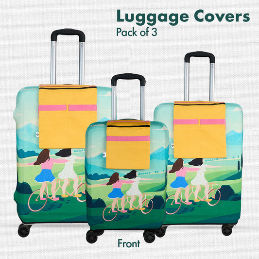 Making Memories! Luggage Covers With Detachable Pouch, 100% Organic Cotton Lycra, Small+Medium+Large Sizes, Pack of 3