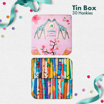 GMT! Giraffe Mood Time! Tin Gift Box, Unisex Kid's Hankies, 100% Organic Cotton, Box Of 30