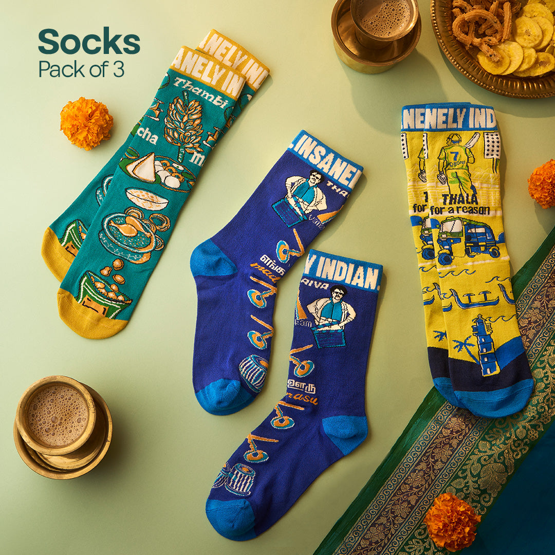 Insanely Tamil Feets! Unisex Socks, 100% Organic Cotton, Crew Length, Pack of 3