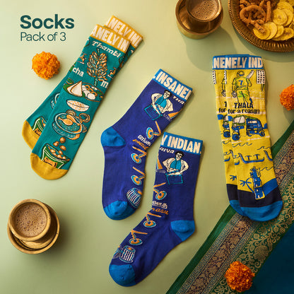Insanely Tamil Feets! Unisex Socks, 100% Organic Cotton, Crew Length, Pack of 3