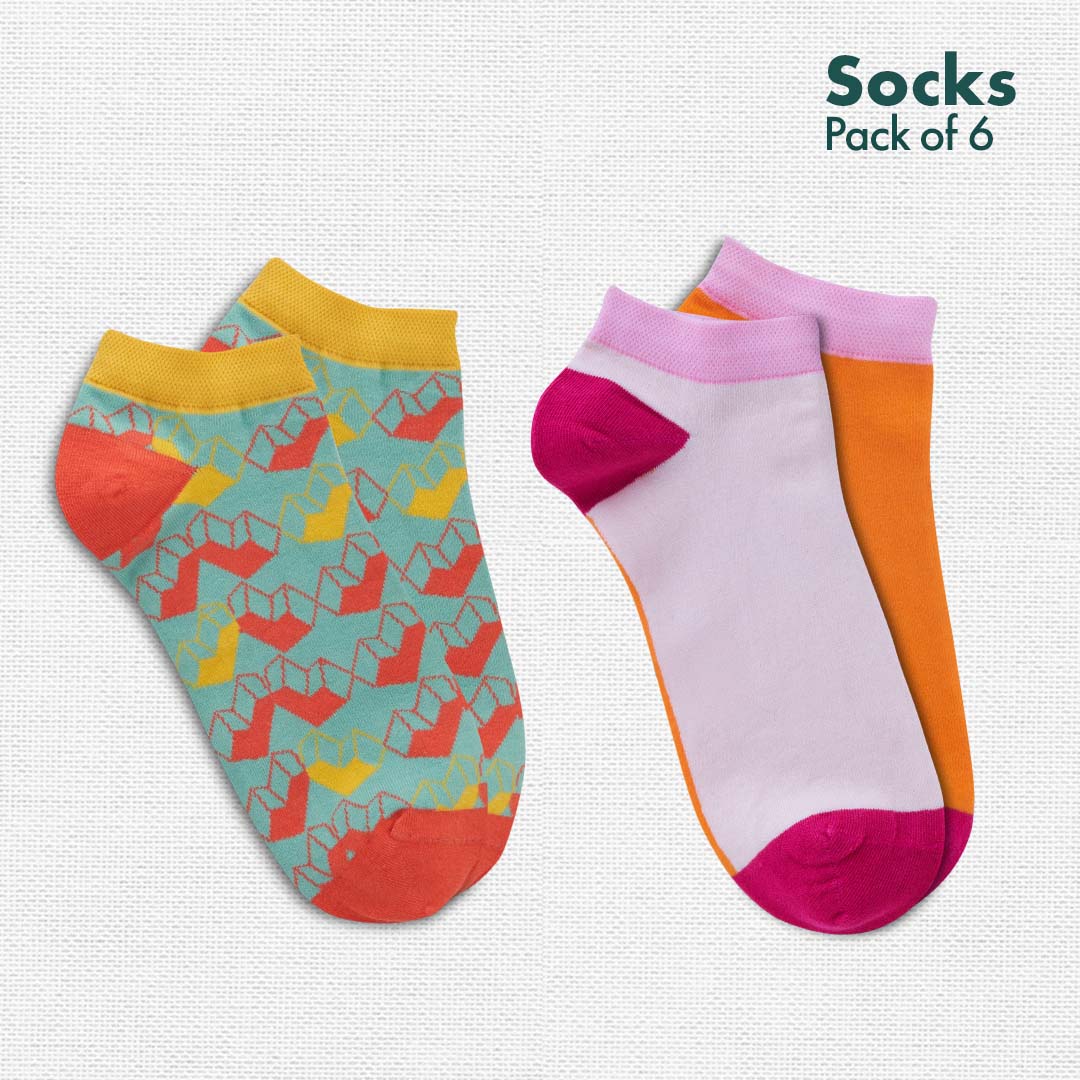 Color Therapy! Unisex Socks, 100% Organic Cotton,  Ankle Length, Pack of 6