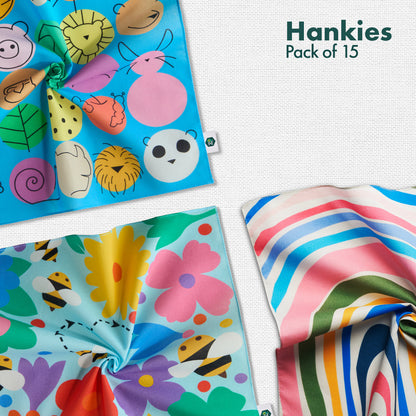 Happy Hearts! Unisex Kid's Hankies, 100% Organic Cotton, Pack of 15