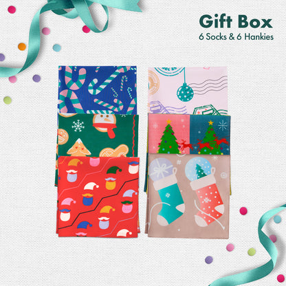 Xmas Stamps! 6 Unisex Kid's Socks + 6 Unisex Kid's Hankies, 100% Sustainable, Gift Box of 12