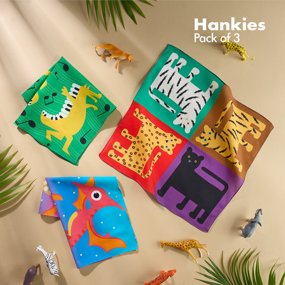 Jungle Safari! Unisex Kid's Hankies, 100% Organic Cotton, Pack of 3