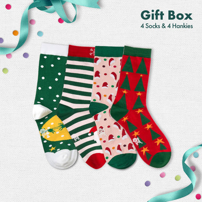 Xmas Stamps! 4 Unisex Crew Length Socks + 4 Unisex Hankies, 100% Organic Cotton, Gift Box of 8