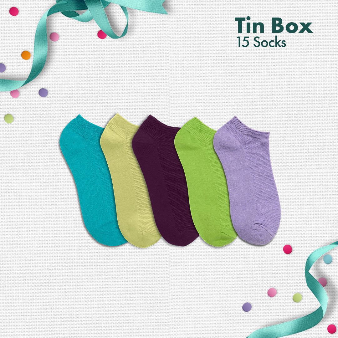 Peacock A Boo! Tin Gift Box, Unisex Ankle Length Socks, 100% Organic Cotton, Box Of 15