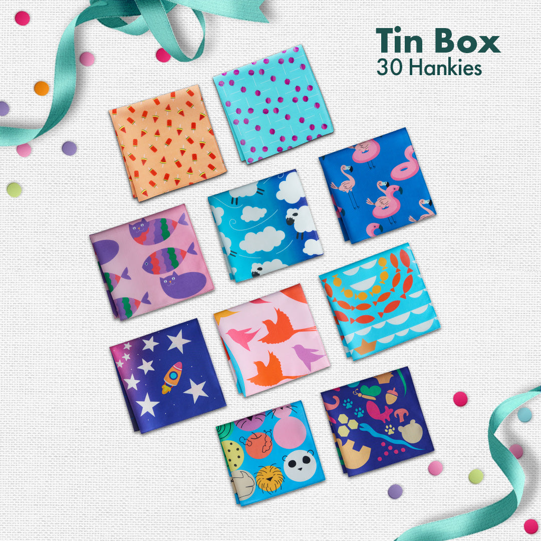 GMT! Giraffe Mood Time! Tin Gift Box, Unisex Kid's Hankies, 100% Organic Cotton, Box Of 30