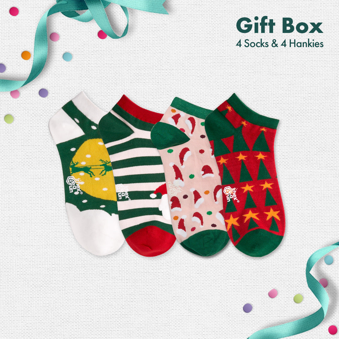 Xmas Stamps! 4 Unisex Ankle Length Socks + 4 Unisex Hankies, 100% Organic Cotton, Gift Box of 8