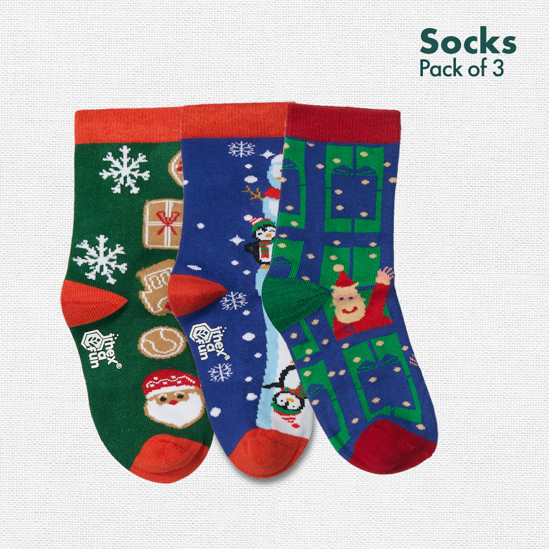 Snowy Holiday! Unisex Kid's Socks, 100% Bamboo, Crew Length, Pack of 3