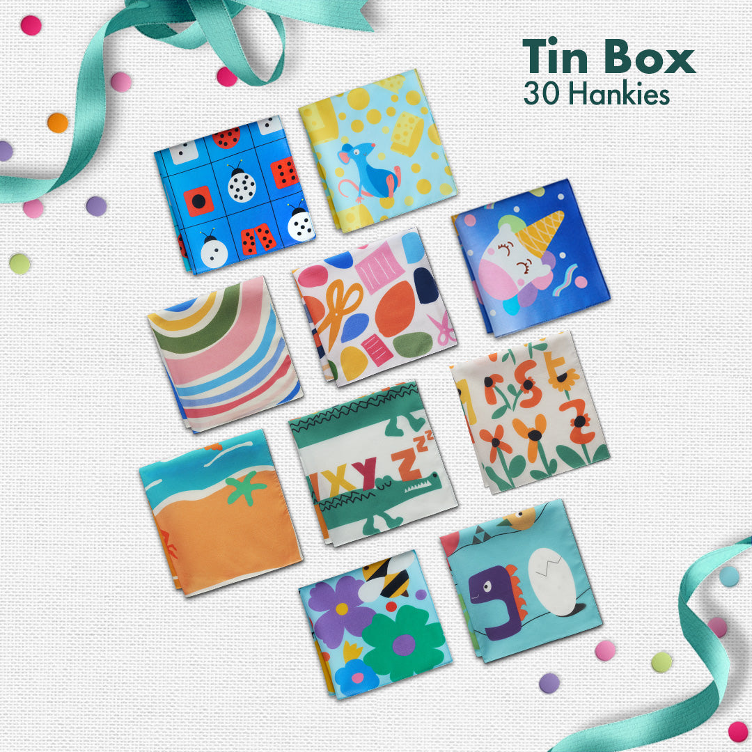 GMT! Giraffe Mood Time! Tin Gift Box, Unisex Kid's Hankies, 100% Organic Cotton, Box Of 30