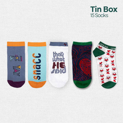 Beak The Rules! Tin Gift Box, Unisex Ankle Length Socks, 100% Organic Cotton, Box Of 15