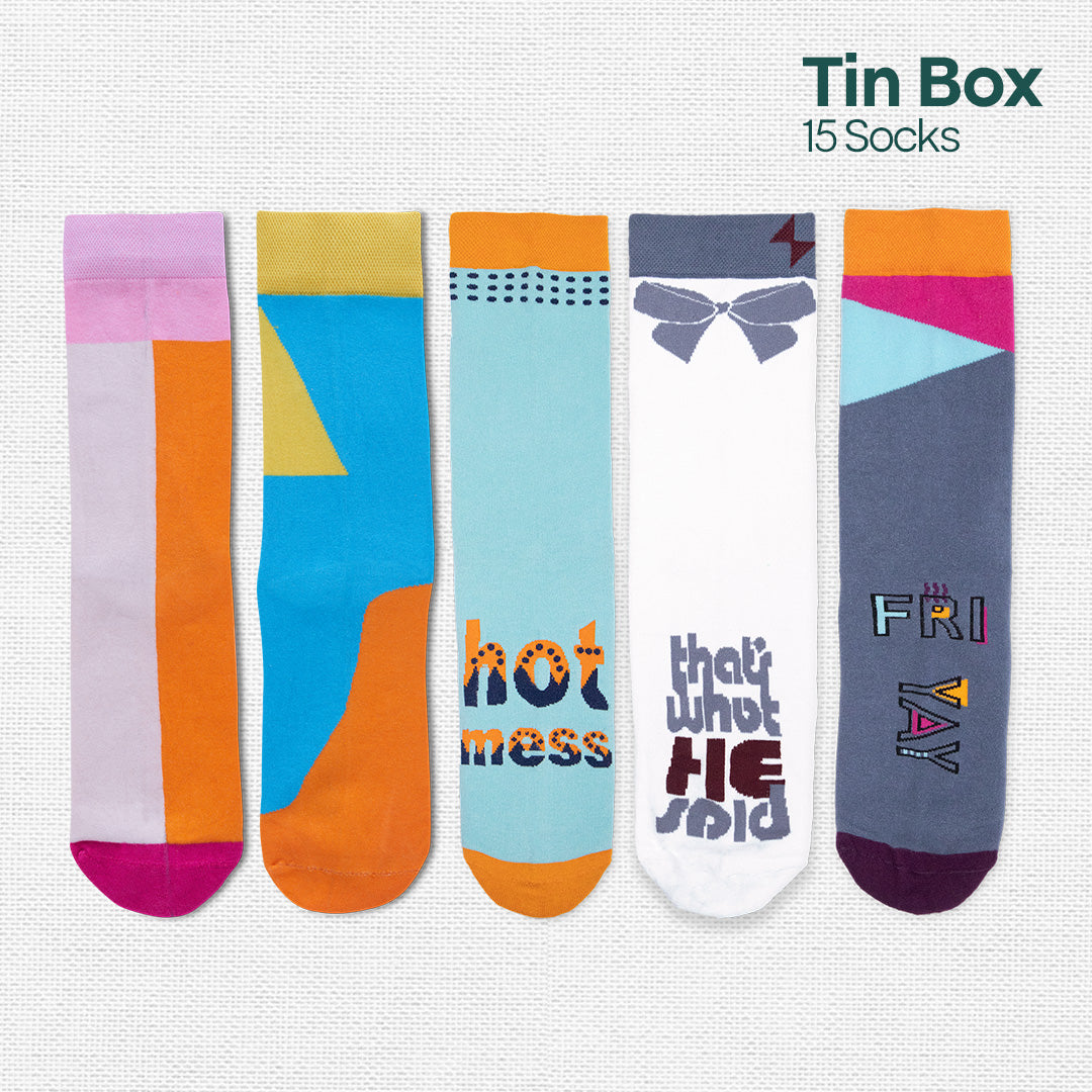 Trunk Call! Tin Gift Box, Unisex Crew Length Socks, 100% Organic Cotton, Box Of 15