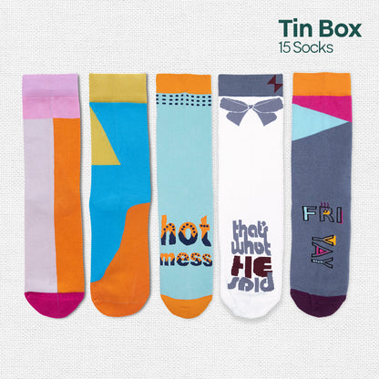 Trunk Call! Tin Gift Box, Unisex Crew Length Socks, 100% Organic Cotton, Box Of 15