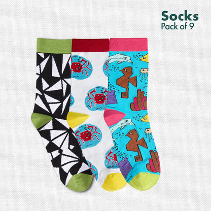 Color Me Cray! Unisex Socks, 100% Bamboo, Crew Length, Pack of 9