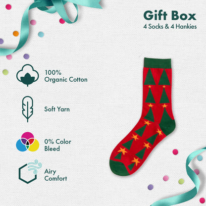 Xmas Stamps! 4 Unisex Crew Length Socks + 4 Unisex Hankies, 100% Organic Cotton, Gift Box of 8