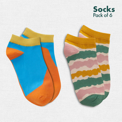 Color Punch! Unisex Socks, 100% Organic Cotton, Ankle Length, Pack of 6