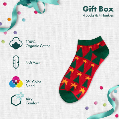 Xmas Stamps! 4 Unisex Ankle Length Socks + 4 Unisex Hankies, 100% Organic Cotton, Gift Box of 8