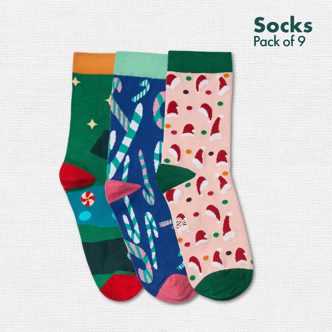 Christmas Music! Unisex Socks, 100% Organic Cotton, Crew Length, Pack of 9