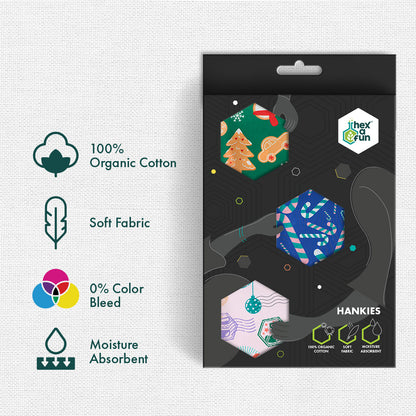 Xmas Vibes! Unisex Hankies, 100% Organic Cotton, Pack of 3